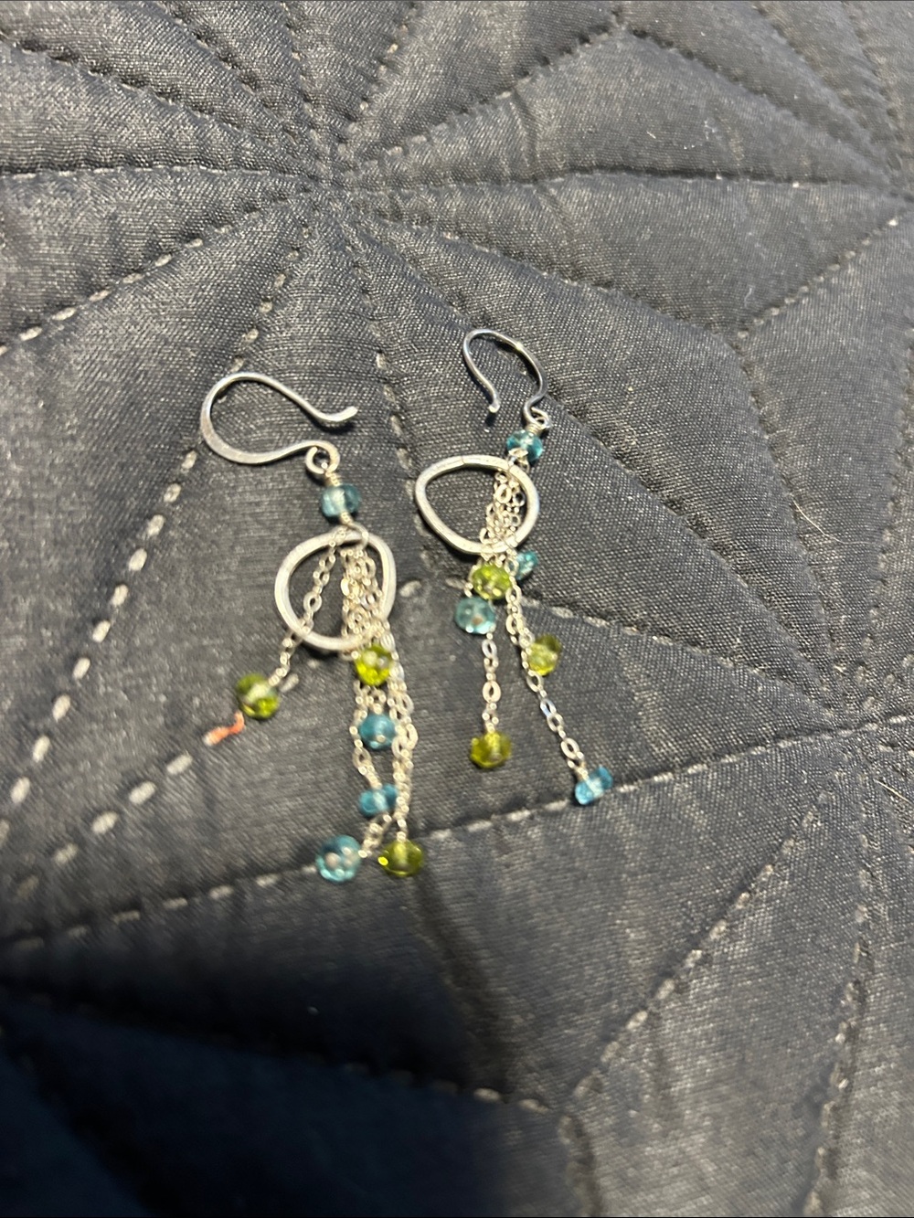 Silver Drop Earrings with Aqua and Lime Beads
